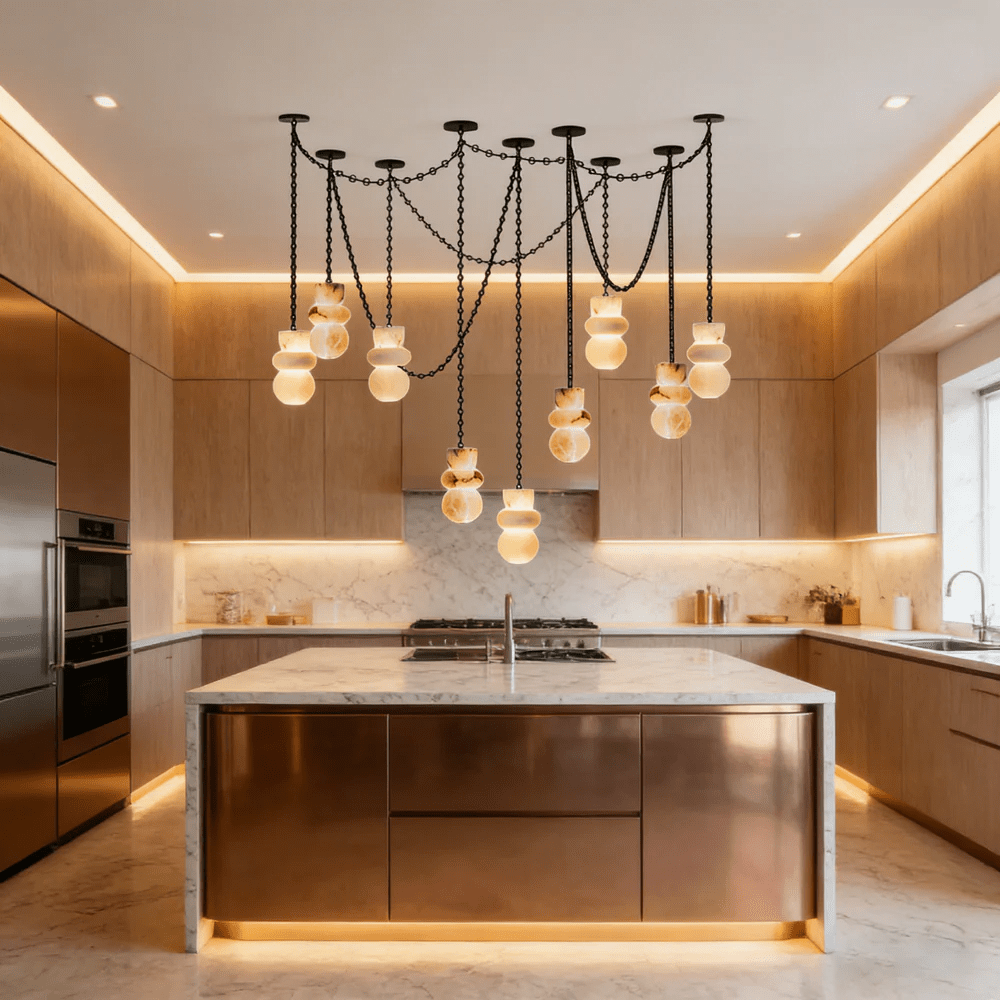 Orba Chain Chandelier with Alabaster Orbs – Modern Cascading Pendant Light