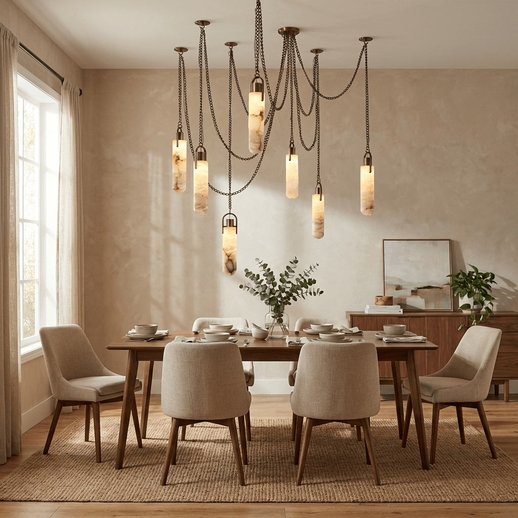Cascading Alabaster Tube Chandelier in Antique Brass