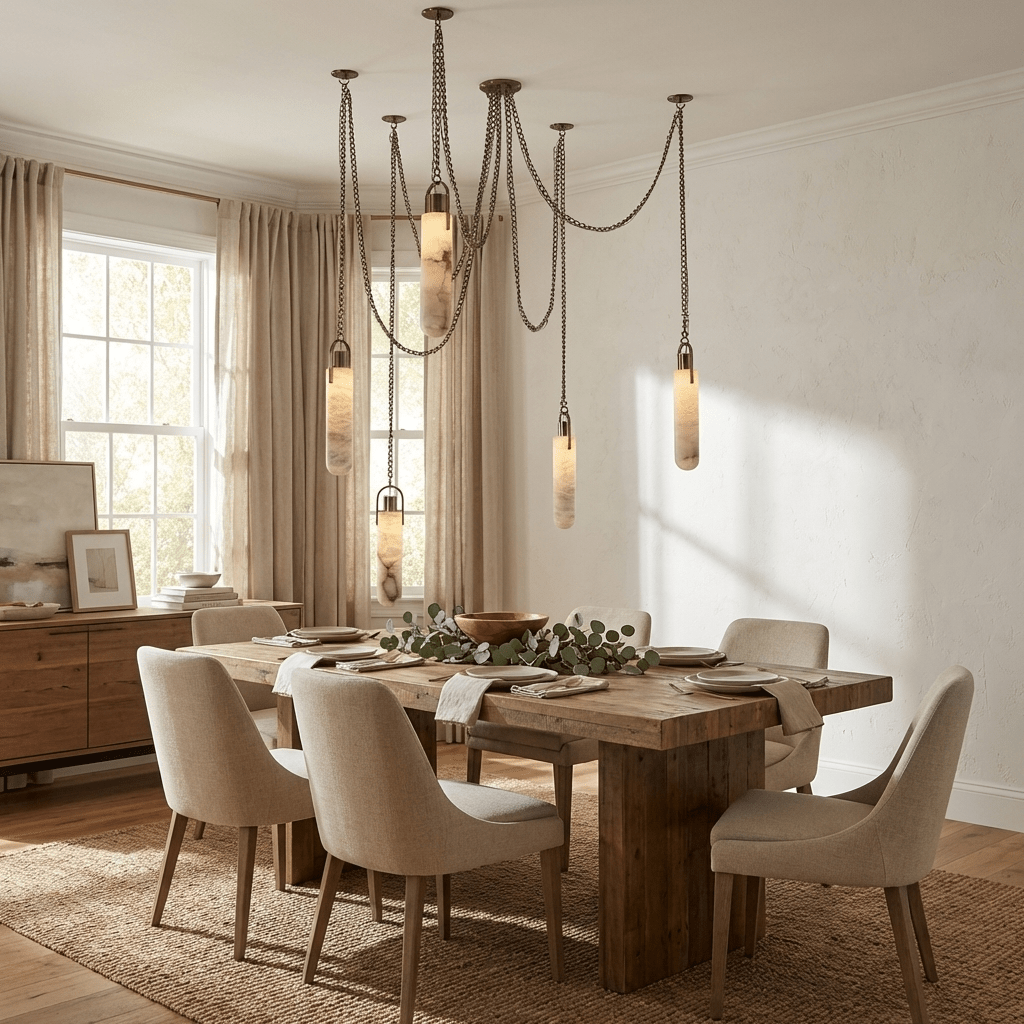 Cascading Alabaster Tube Chandelier in Antique Brass