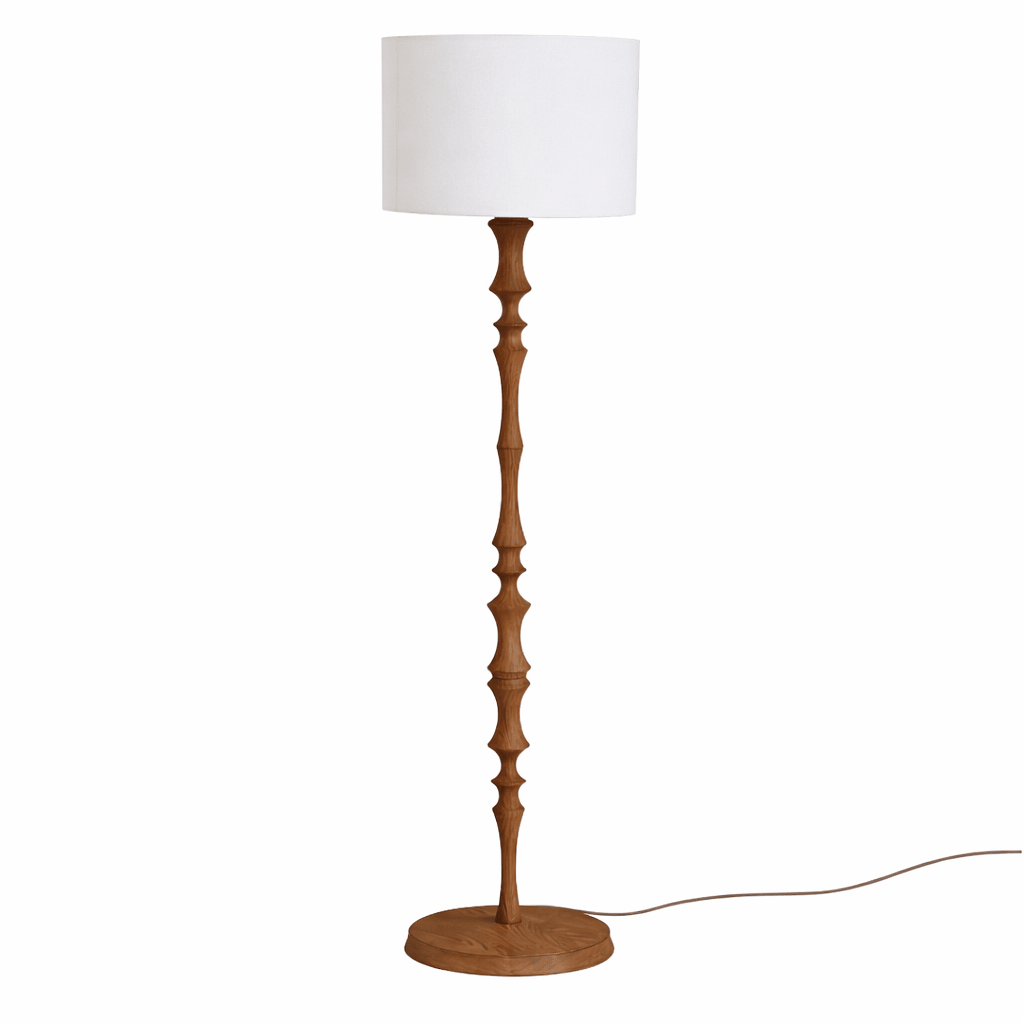Elowen Sculpted Wood Floor Lamp with Fabric Shade for Living Room & Bedroom