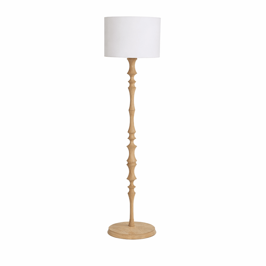 Elowen Sculpted Wood Floor Lamp with Fabric Shade for Living Room & Bedroom