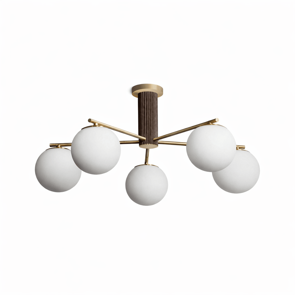 Solvyn Globe Chandelier – Modern Brass & Wood Five-Light Pendant