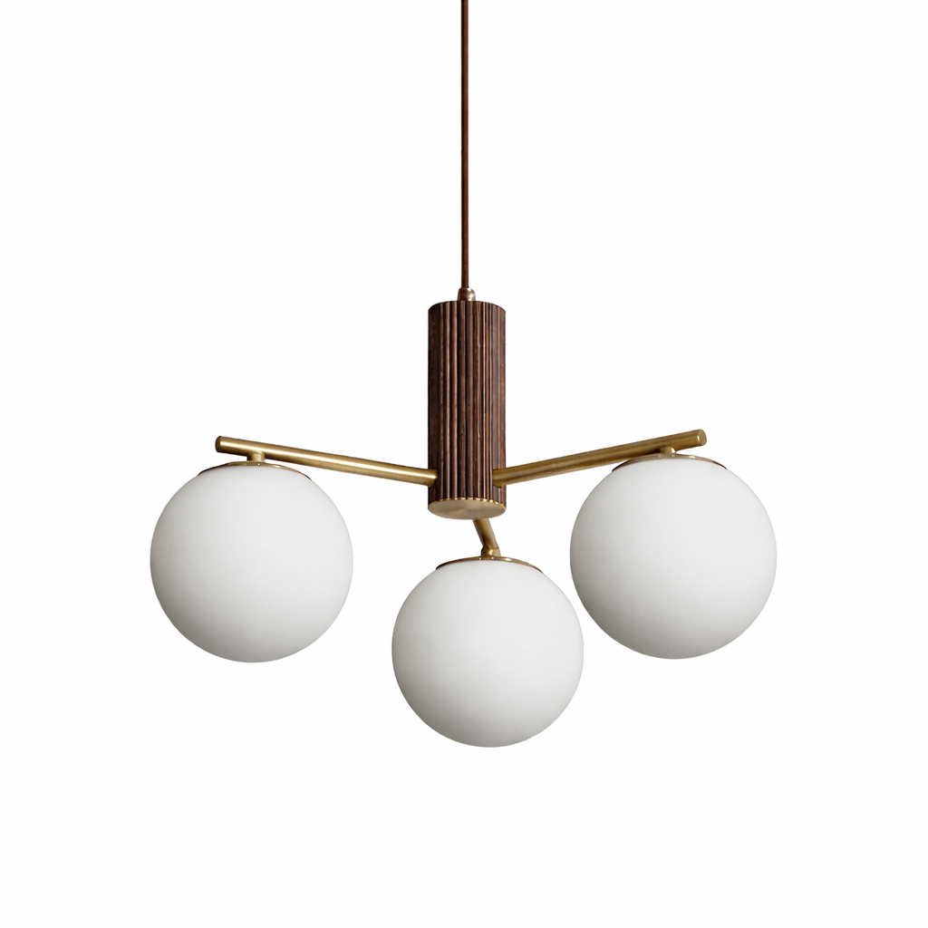 Solvyn Globe Chandelier – Modern Brass & Wood Five-Light Pendant