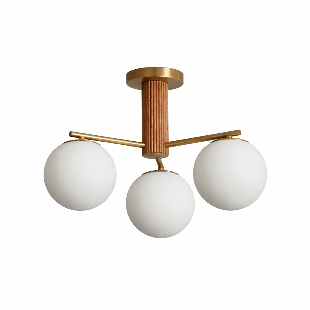 Solvyn Globe Chandelier – Modern Brass & Wood Five-Light Pendant