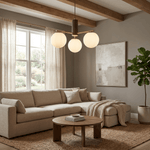 Solvyn Globe Chandelier – Modern Brass & Wood Five-Light Pendant