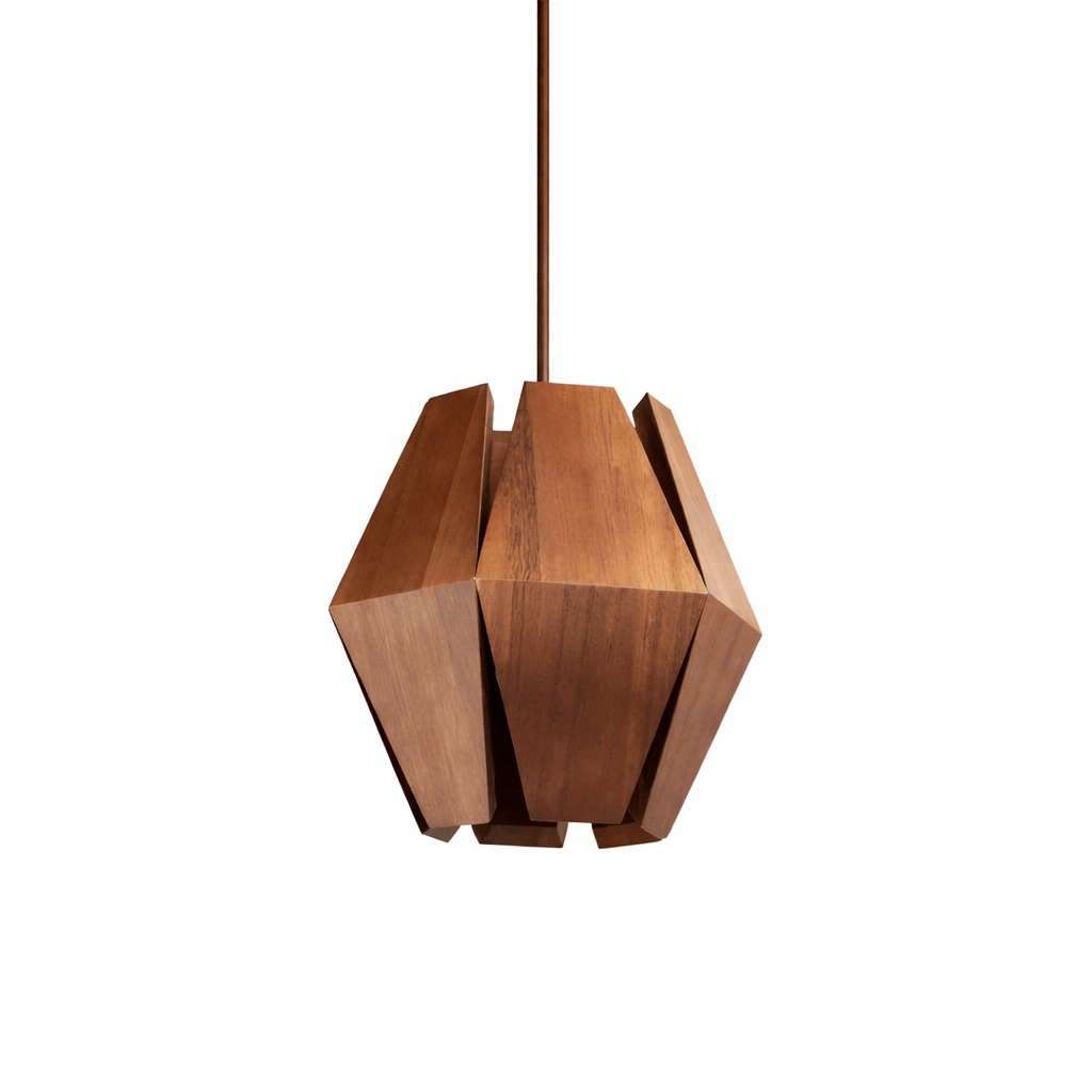 Virex Wood Pendant Light – Faceted Walnut Geometric Lantern