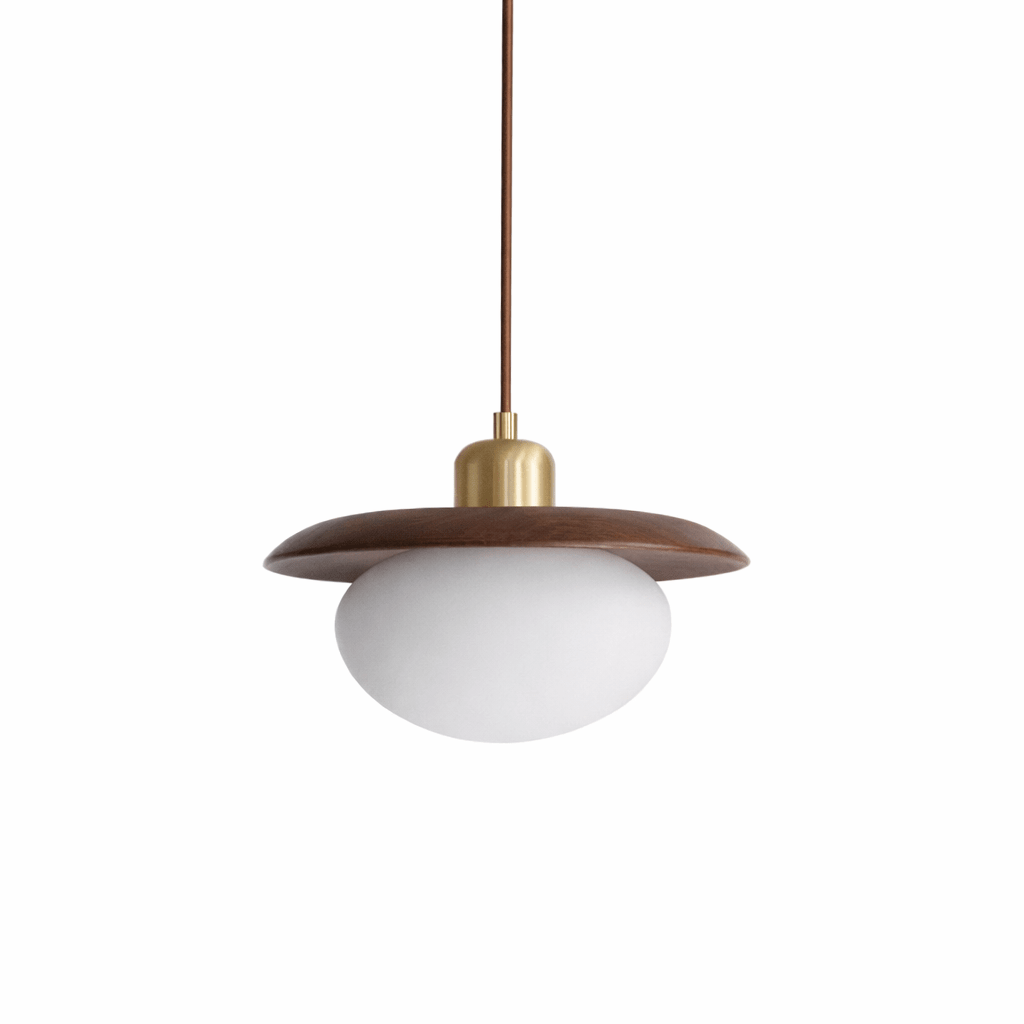 Solmere Wood Pendant Light with Frosted Glass Globe and Brass Canopy