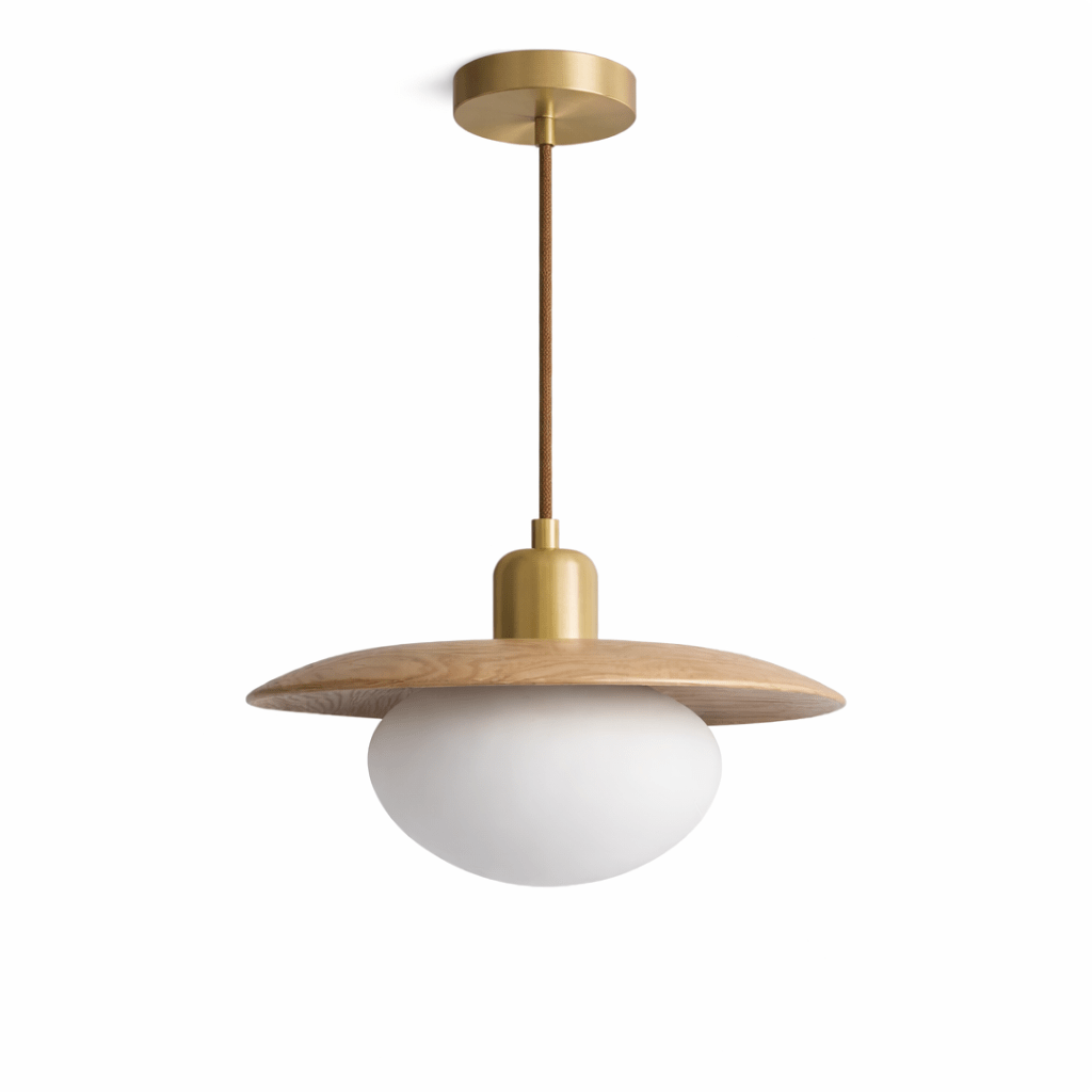 Solmere Wood Pendant Light with Frosted Glass Globe and Brass Canopy