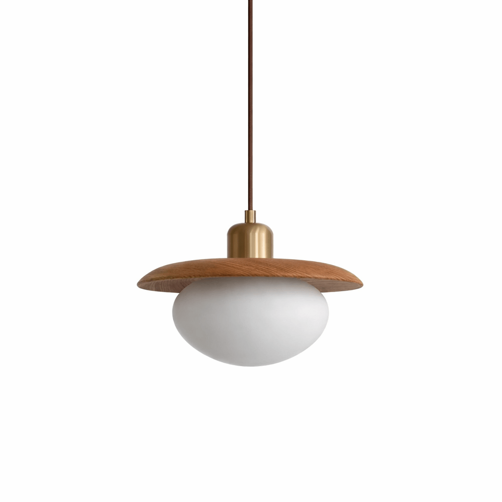 Solmere Wood Pendant Light with Frosted Glass Globe and Brass Canopy