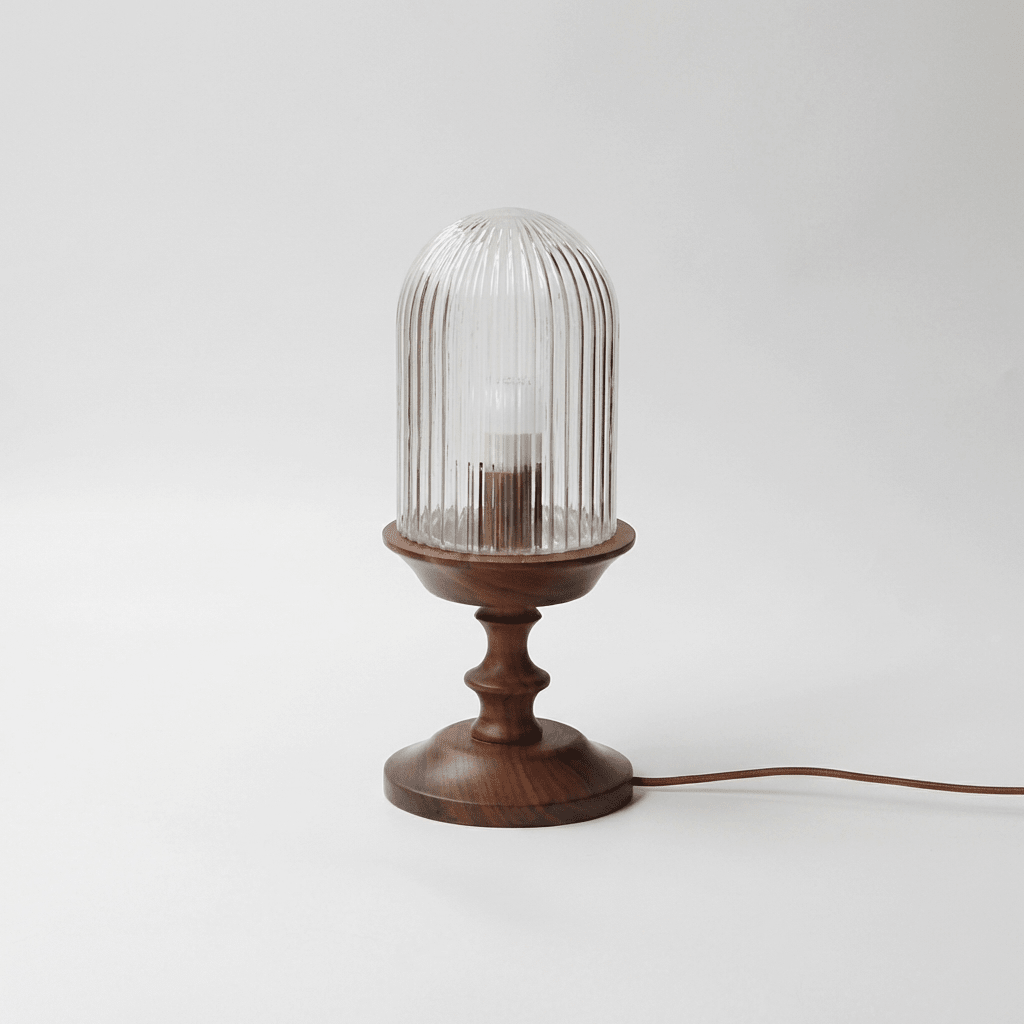Calyra Ribbed Table Lamp – Sculptural Glass & Wood Accent Light
