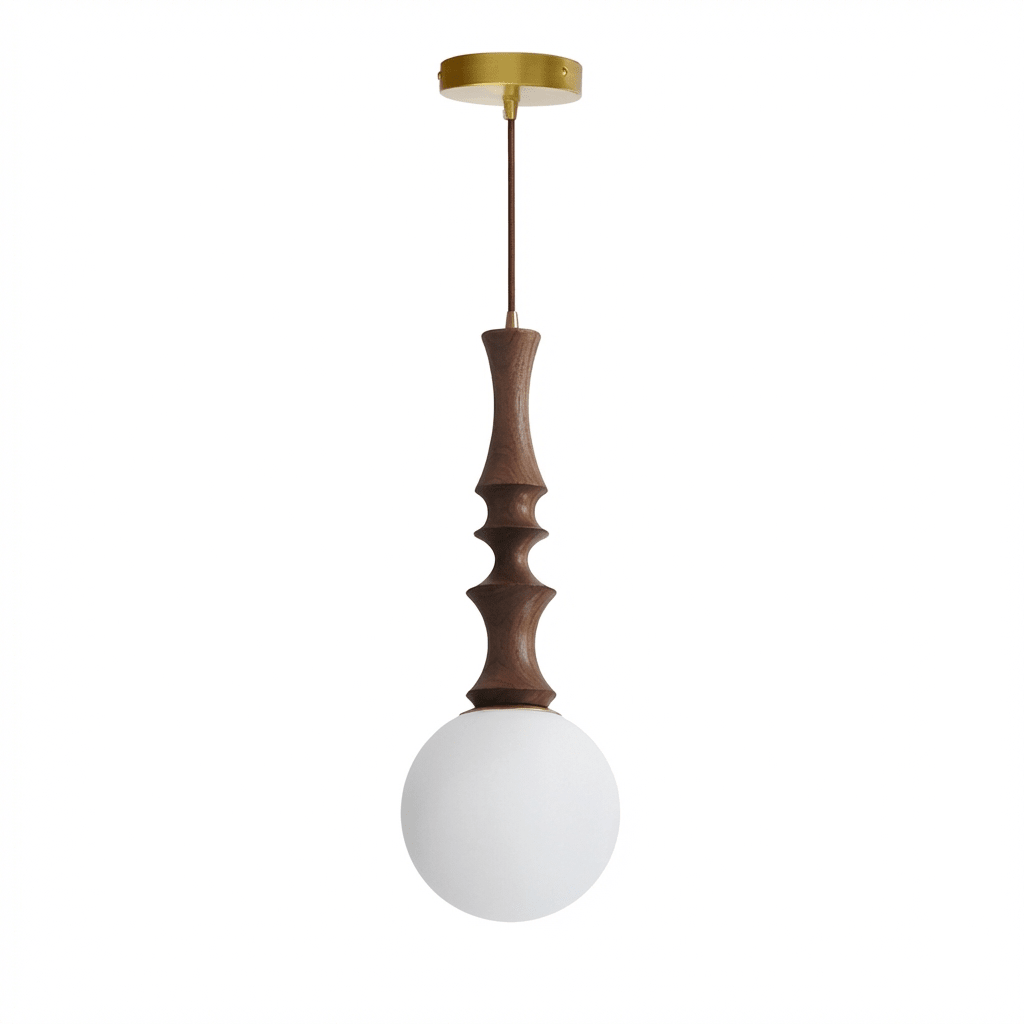 Eryndor Globe Pendant Light – Hand-Carved Wood & Opal Glass