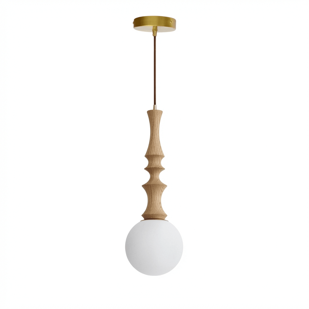 Eryndor Globe Pendant Light – Hand-Carved Wood & Opal Glass