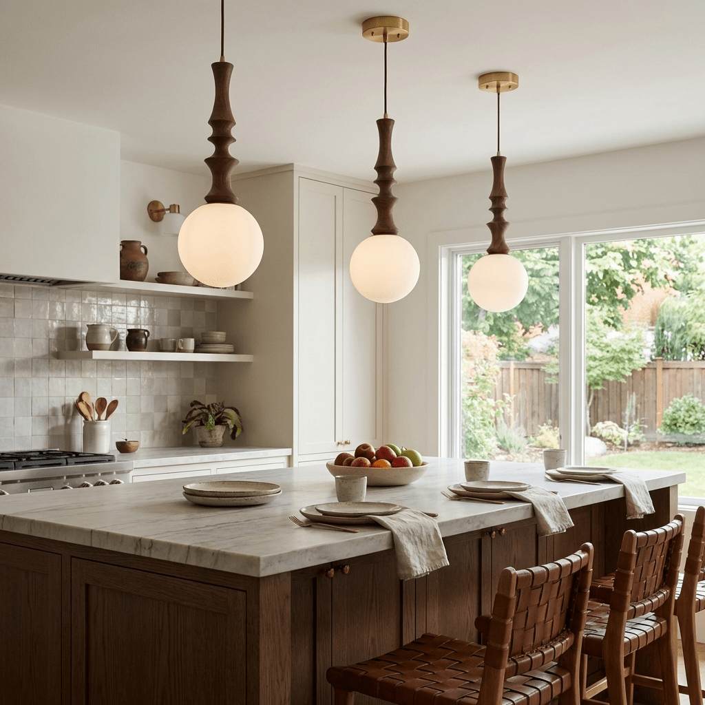 Eryndor Globe Pendant Light – Hand-Carved Wood & Opal Glass