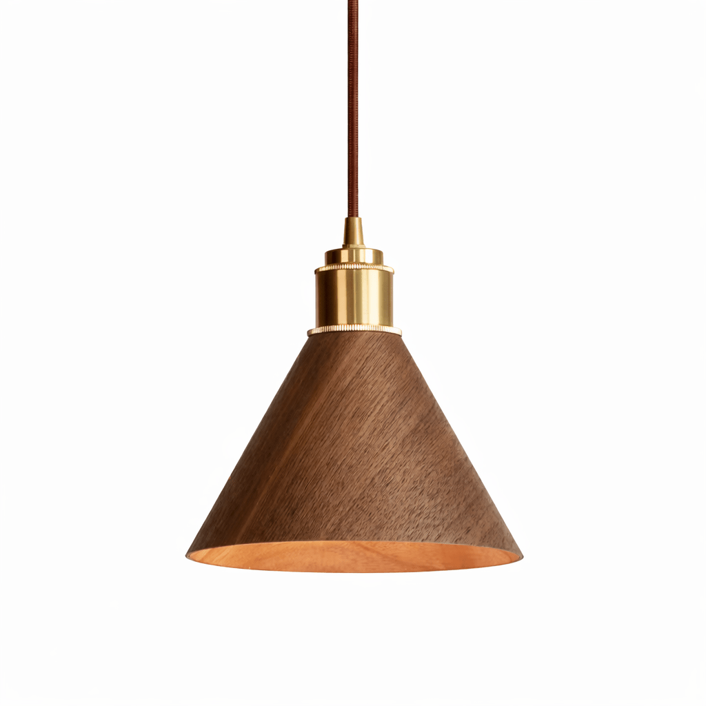 Valmere Cone Wooden Pendant Light with Brass Accents