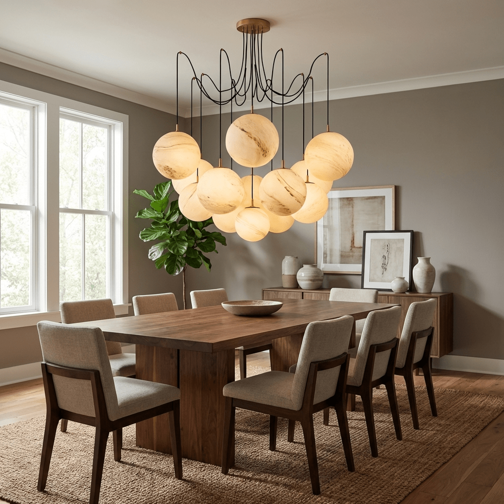 Celestara Alabaster Orb Chandelier — Oversized Brass Pendant Light