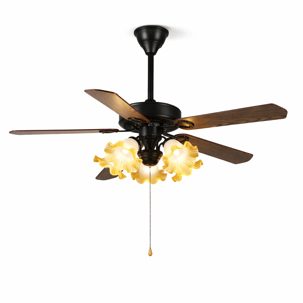 Bravelle Vintage Ceiling Fan Light with Wood Blades and Amber Glass
