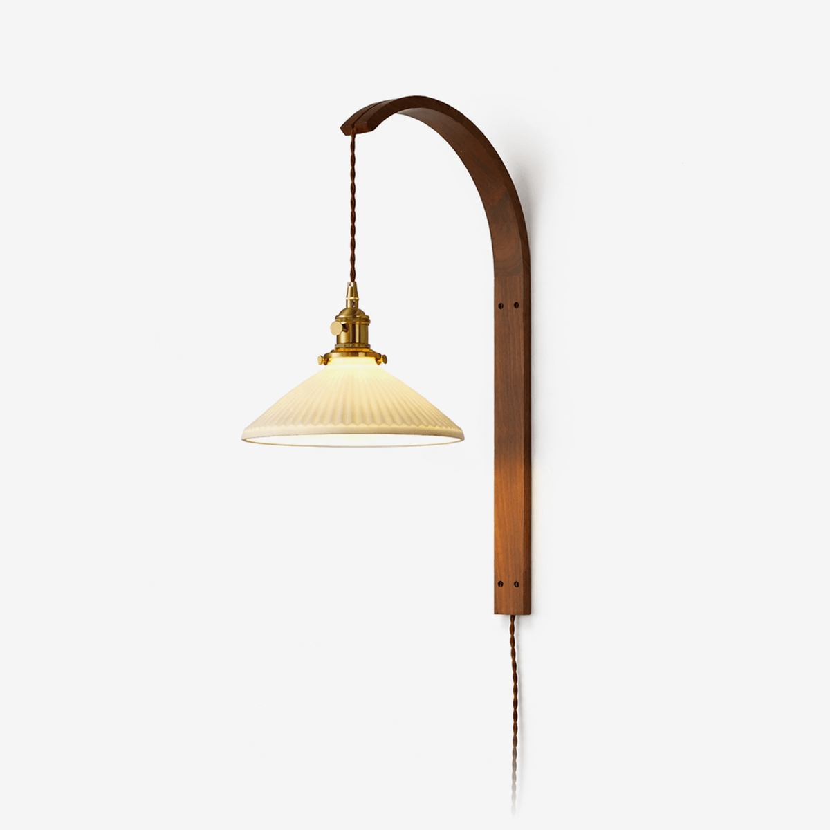 Ardent Wood Wall Sconce with Pleated Glass Shade and Brass Accents