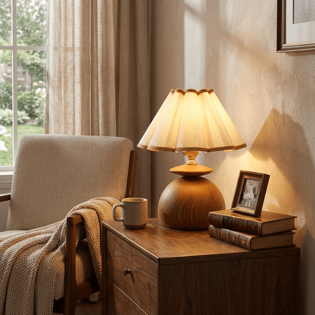 Liora Pleated Table Lamp – Sculptural Wood & Fabric Designer Lamp