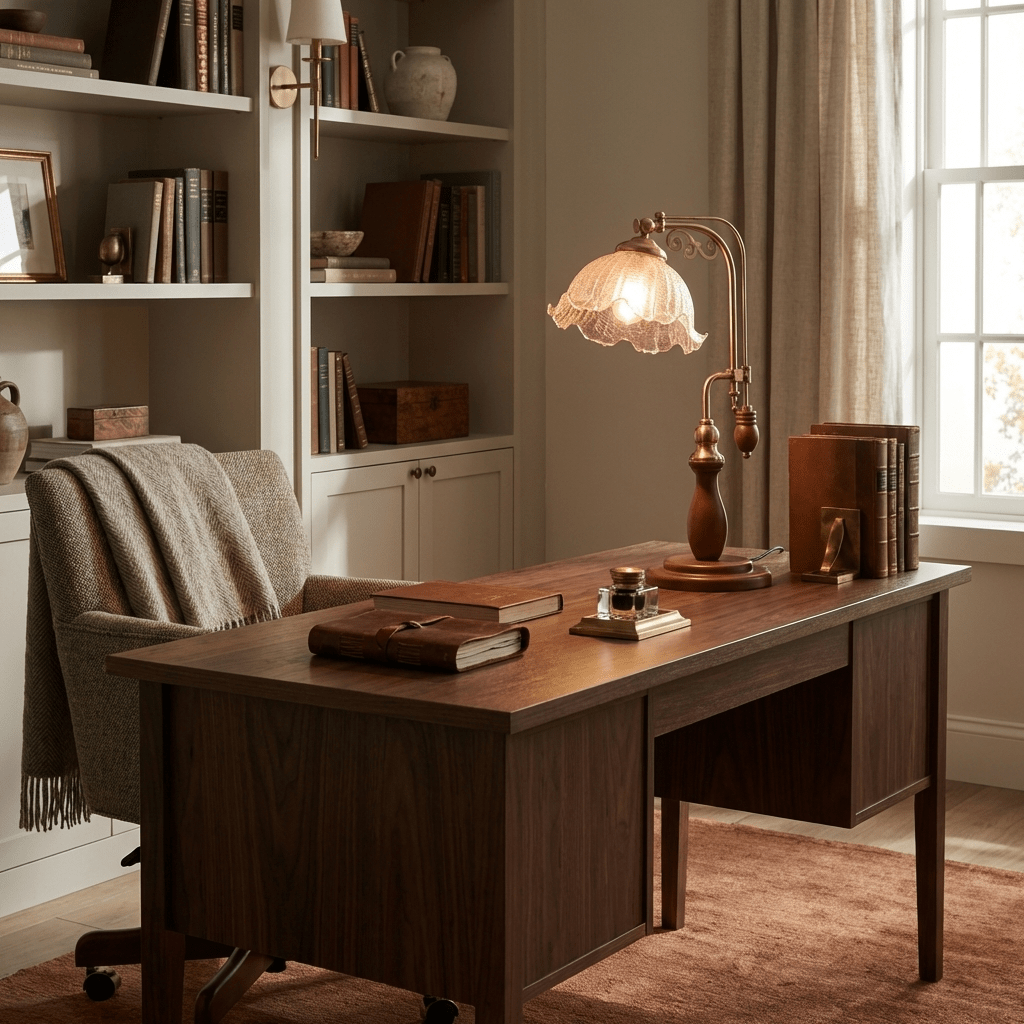 Aurelia Scroll Table Lamp with Brass Accents and Scalloped Glass Shade