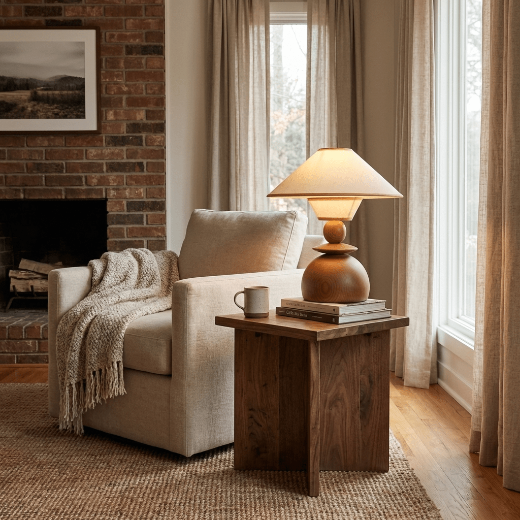 Solvane Sculptural Wood Table Lamp with Fabric Shade