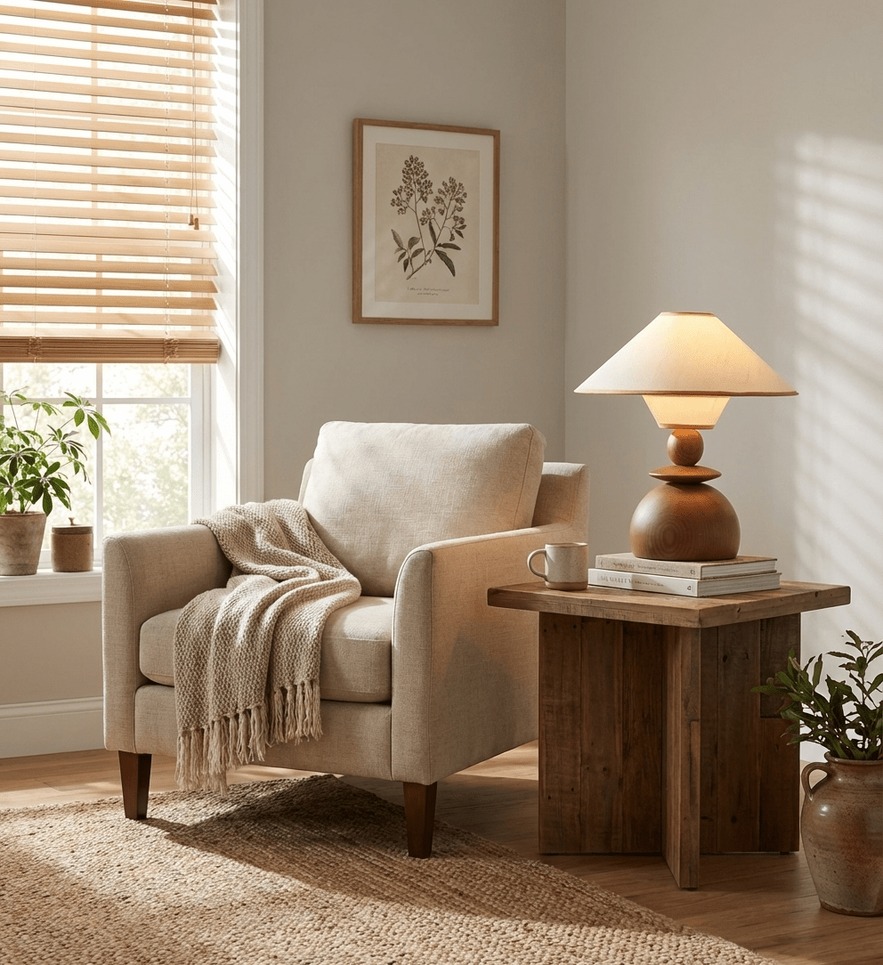 Solvane Sculptural Wood Table Lamp with Fabric Shade
