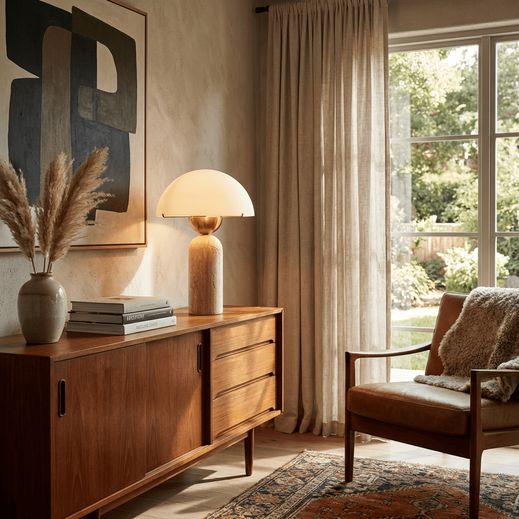 Dome Mushroom Table Lamp with Marble Base and Gold Accents