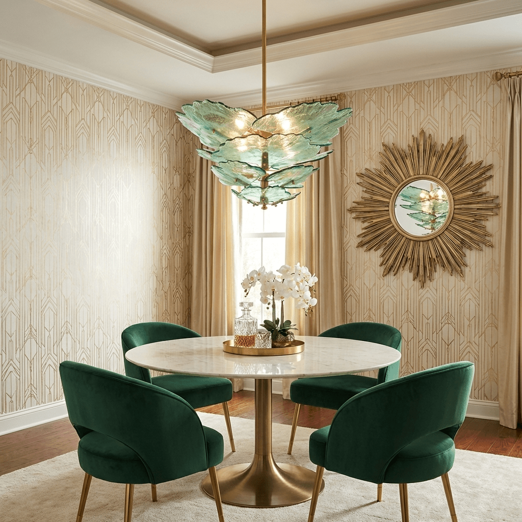 Verdant Petal Glass Chandelier in Brass for Dining Room and Living Room