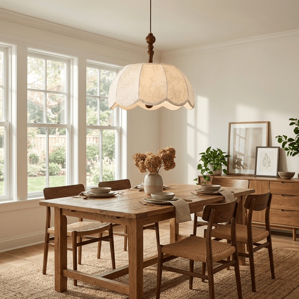 Elowen Blossom Lantern Pendant Light – Fabric Shade with Wood Accents