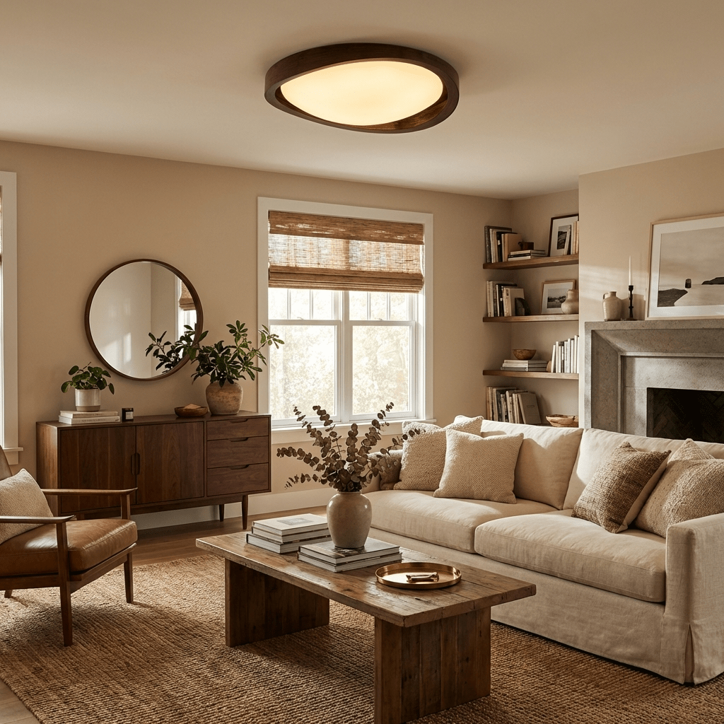 Walnut Curved Edge Ceiling Light – Modern Flush Mount LED Fixture