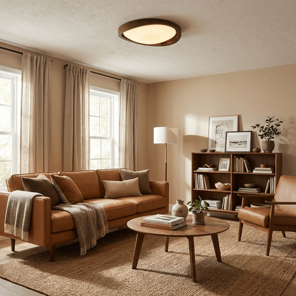 Walnut Curved Edge Ceiling Light – Modern Flush Mount LED Fixture