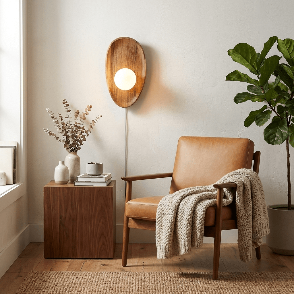Eivor Plug-in Wall Sconce in Natural Walnut Wood and Glass