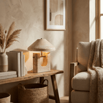 Solvra Sculptural Travertine Table Lamp with Brass Accents