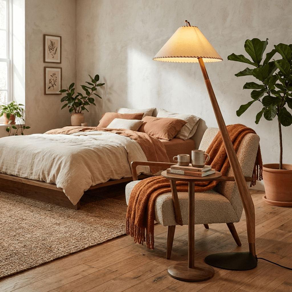 Driftwood Tilt Floor Lamp – Natural Wood & Fabric Shade, Modern Floor Light