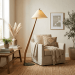 Driftwood Tilt Floor Lamp – Natural Wood & Fabric Shade, Modern Floor Light