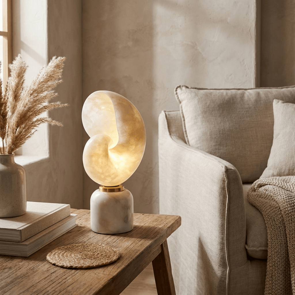 Lumora Shell Table Lamp in Alabaster and Brass by