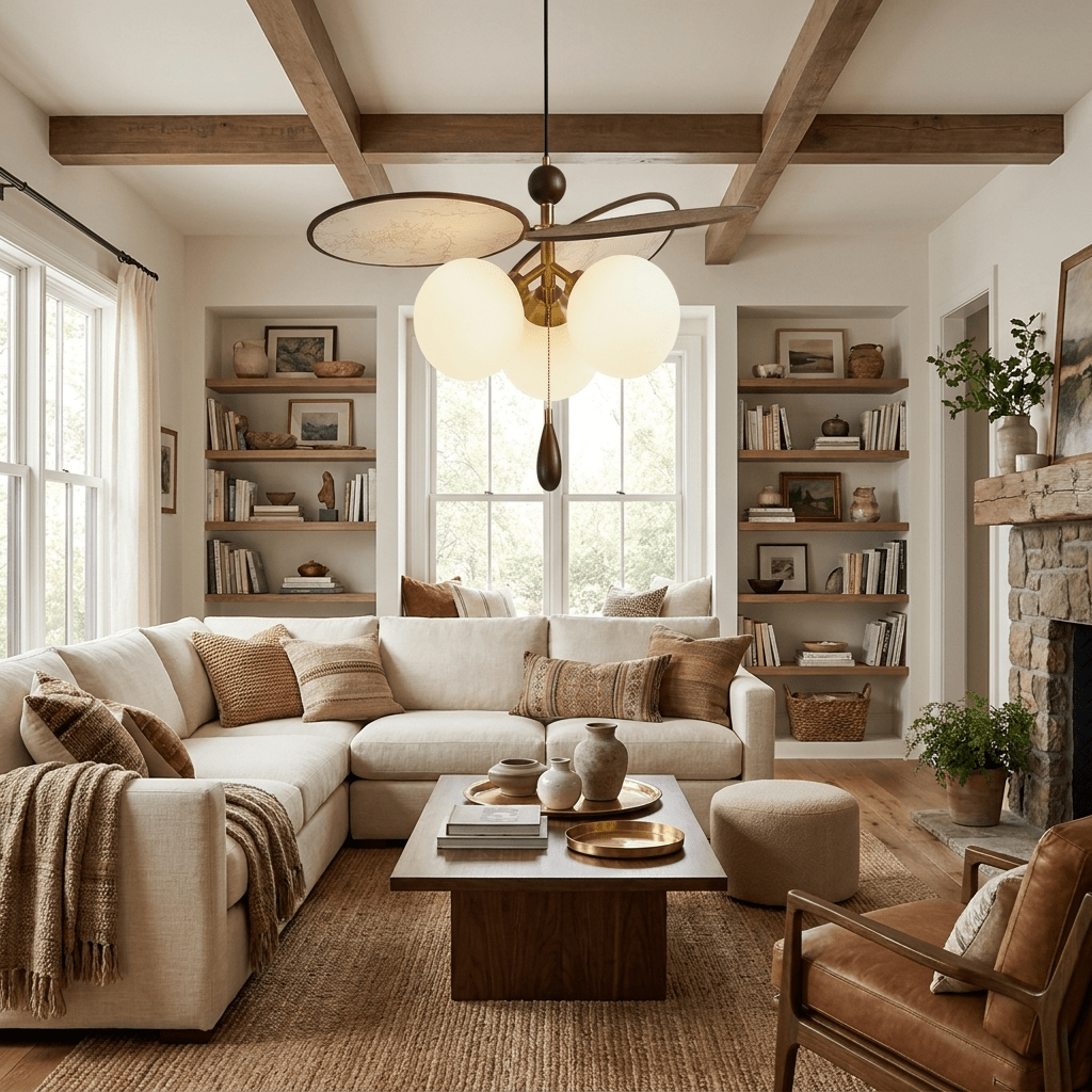 Artisan Floral Disc Chandelier with Frosted Glass Globes and Walnut Accents