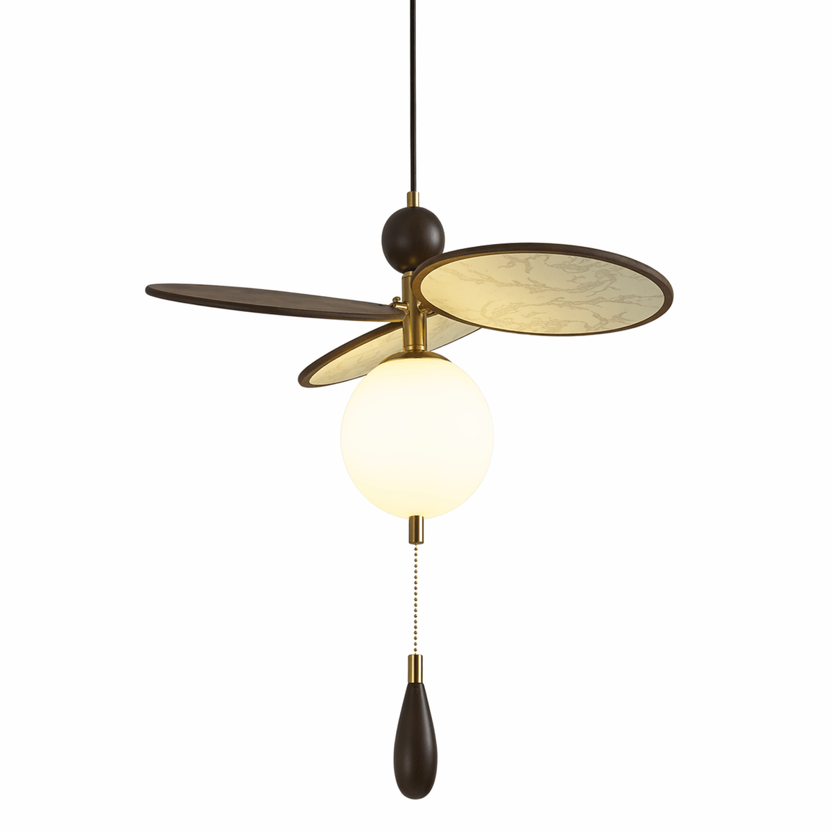Artisan Floral Disc Chandelier with Frosted Glass Globes and Walnut Accents