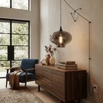 Smoked Glass Swag Pendant Light with Black Metal Accent