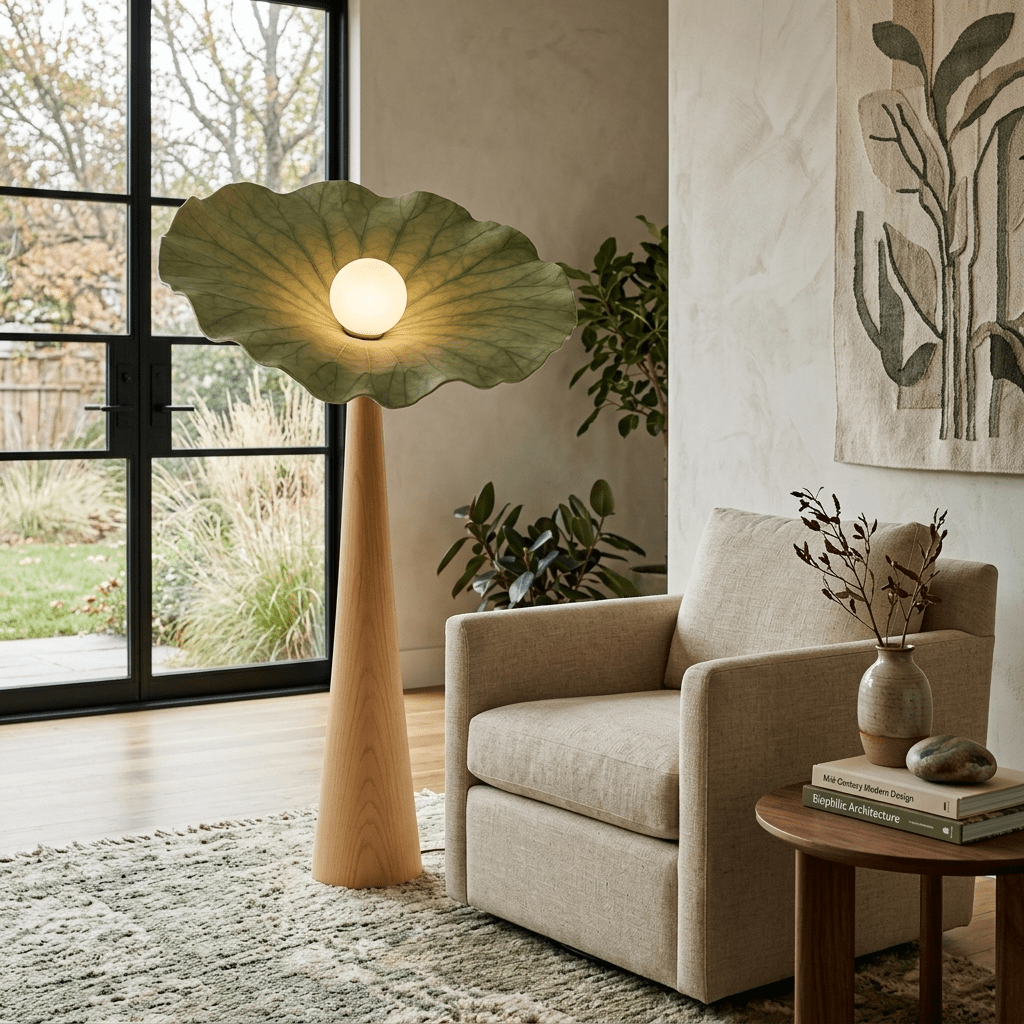 Lotus Veil Woodgrain Floor Lamp – Sculptural Designer Lighting for Modern Interiors