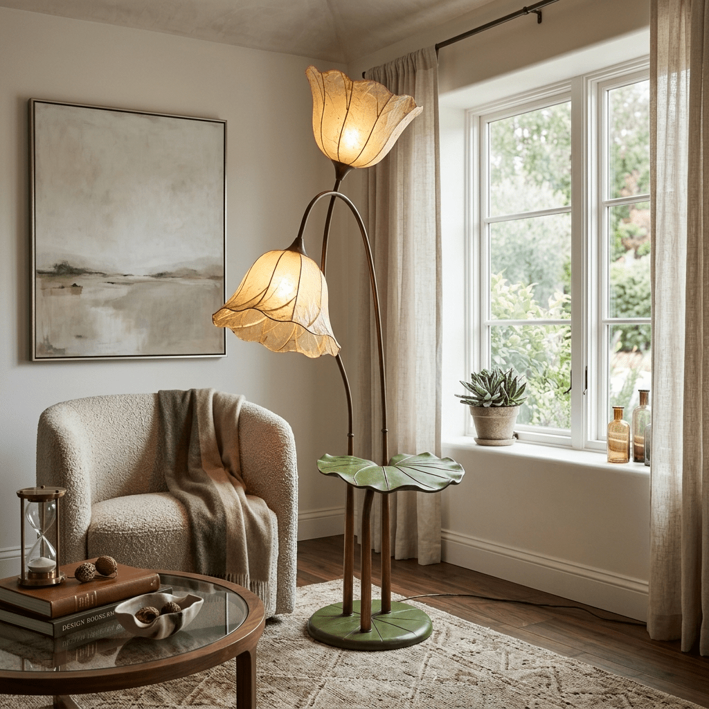 Lotus Bloom Floor Lamp with Leaf Table – Modern Designer Lighting for Living Room & Bedroom