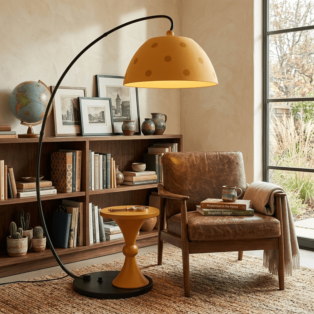 Arc Floor Lamp with Side Table – Modern Sculptural Lighting