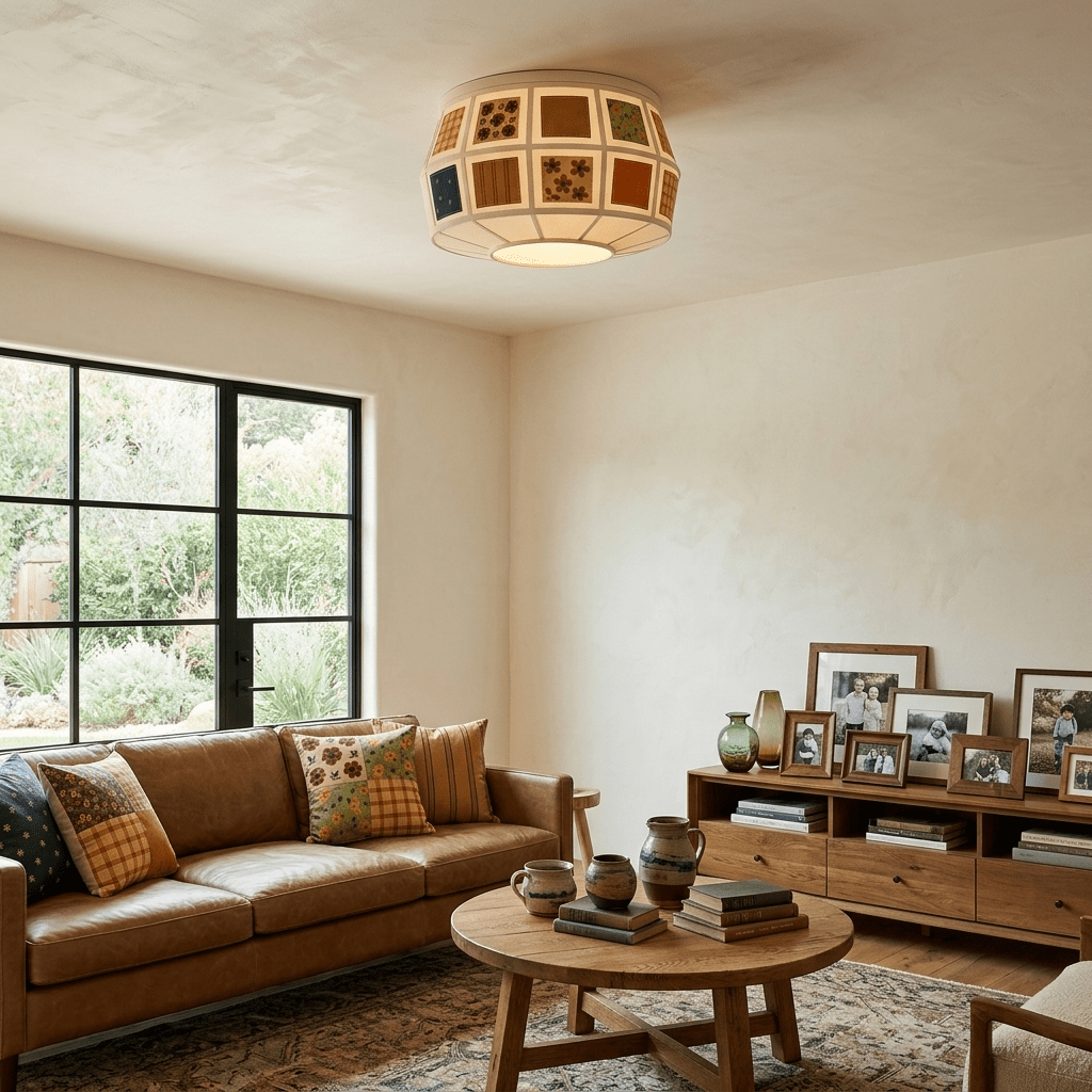 Patchwork Quilt Fabric Drum Ceiling Light for Bedroom and Living Room
