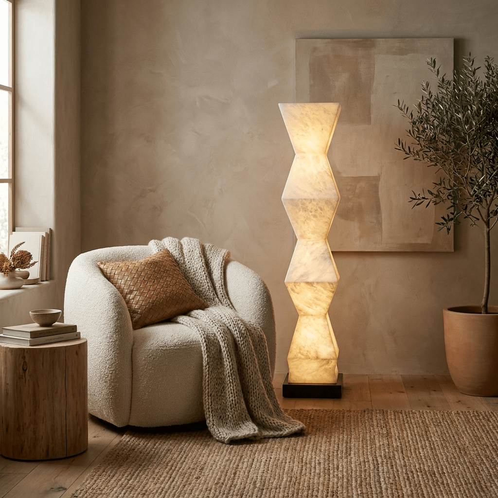 Cairn Alabaster Floor Lamp – Sculptural Natural Stone Column Light