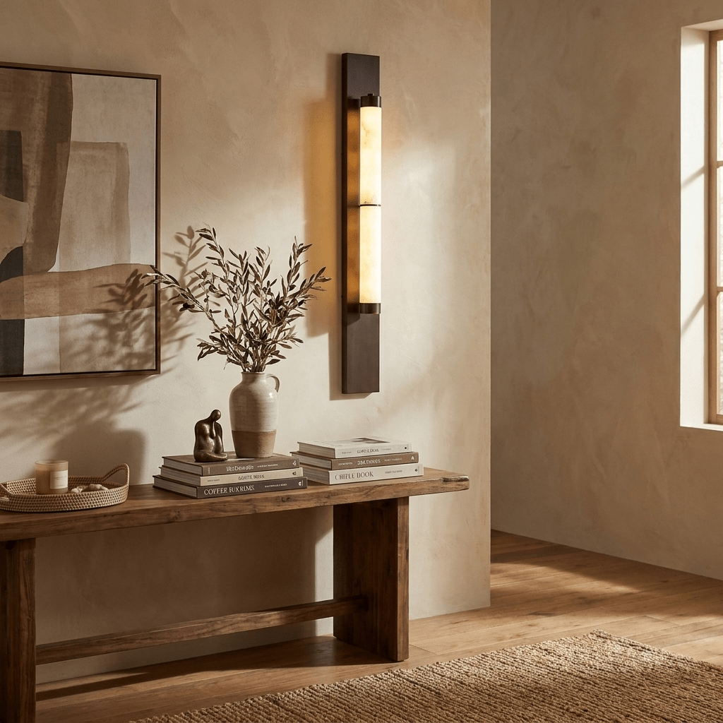 Columnar Alabaster Wall Sconce in Bronze Brass