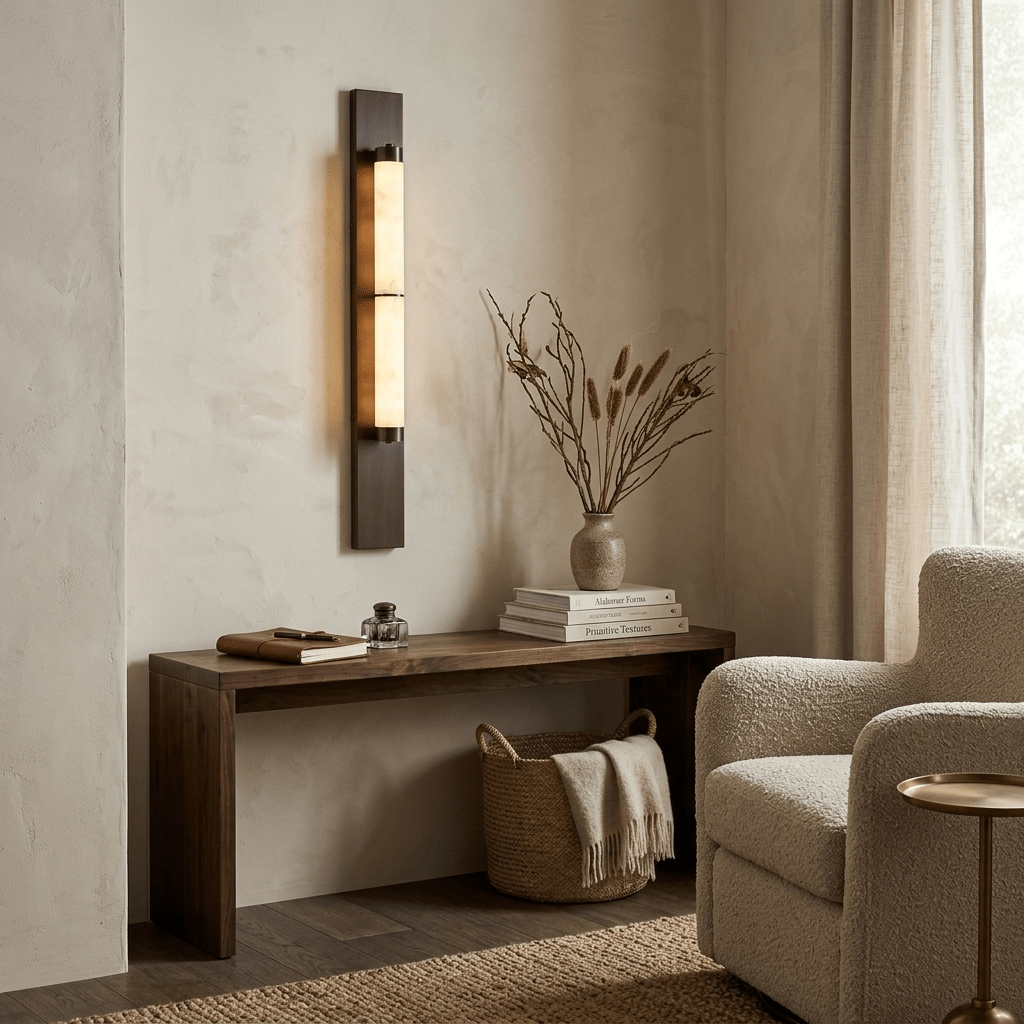 Columnar Alabaster Wall Sconce in Bronze Brass