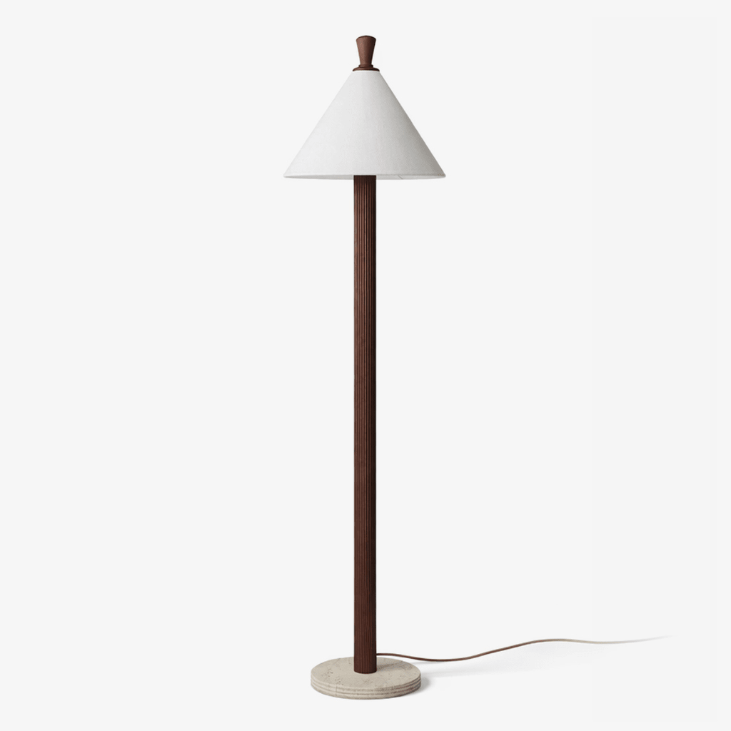 Sorrel Cone Floor Lamp – Modern Wood & Travertine Sculptural Lighting