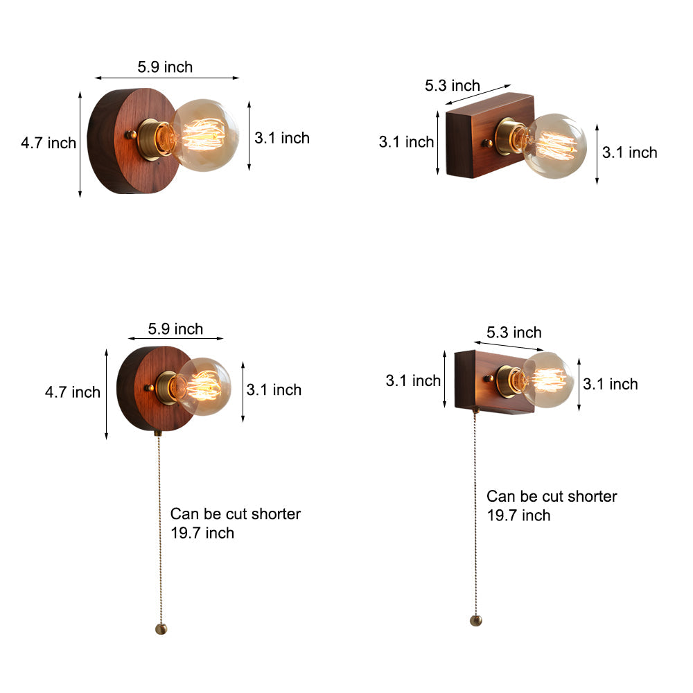 Round Square Vintage Walnut Wood Wall Lamp 1 Light With Pull Chain Switch