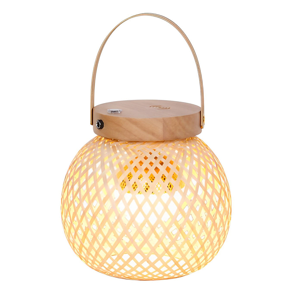 Rustic Portable Woven Bamboo Lantern Table Lamp With Handle