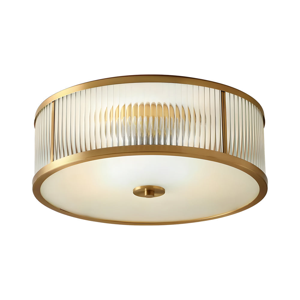 Drum Brass Flush Mount Ceiling Light Clear Ribbed Glass Lamp For Bedroom