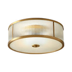 Drum Brass Flush Mount Ceiling Light Clear Ribbed Glass Lamp For Bedroom